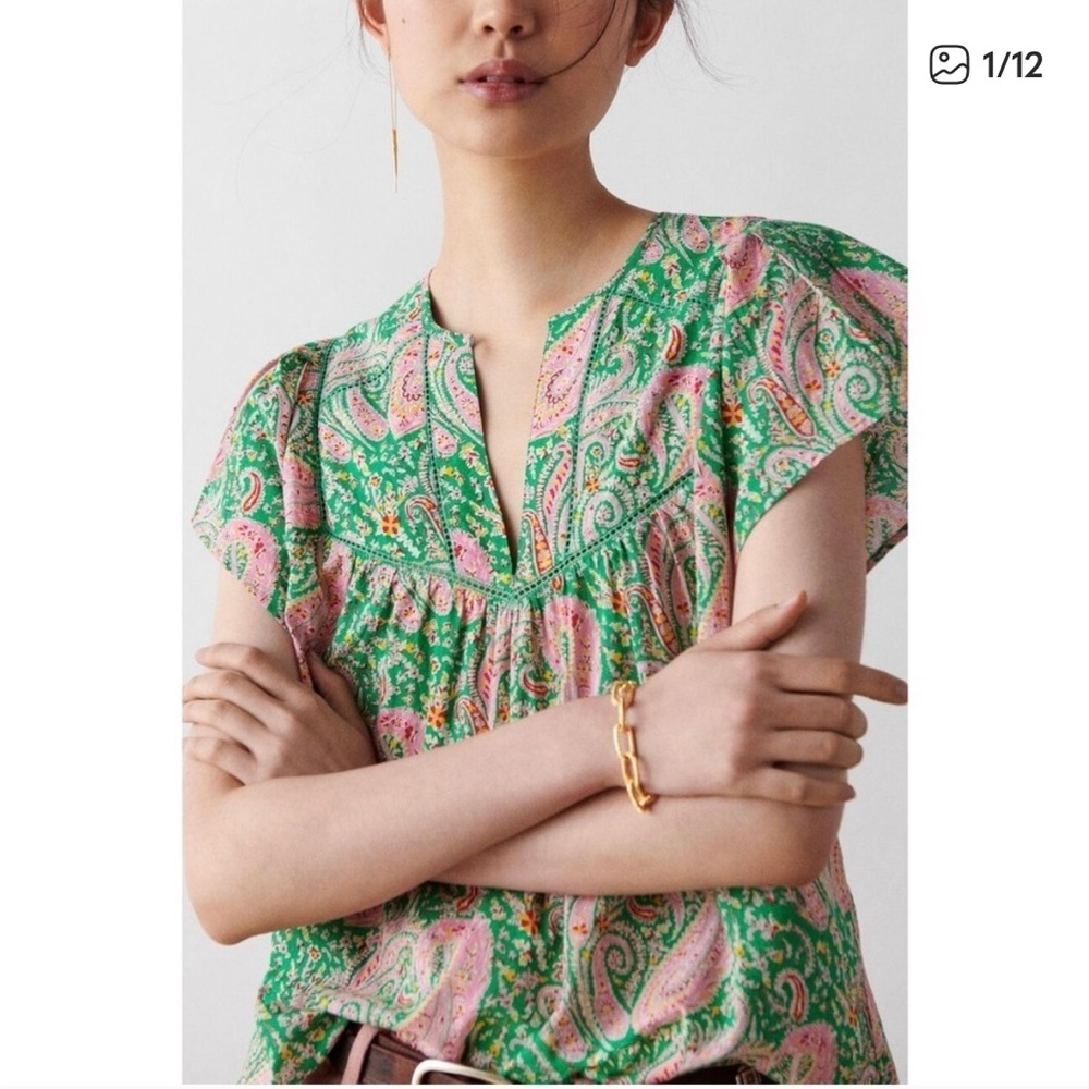 Ba&sh Oxana Blouse Green Pink Paisley Flutter Slv Size M Preppy Colorful Playful